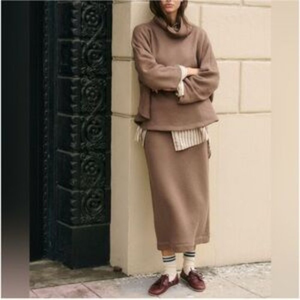FREE PEOPLE Milley Co-ord Skirt Set brown Long Sleeve Top & Maxi Skirt Size XS - Picture 1 of 8